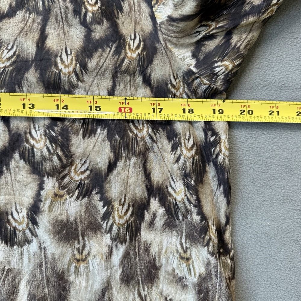 Mango MNG Suit Blouse Womens 8 Large Brown Silk Balloon Sleeve Peacock‎ Feather - Picture 9 of 15